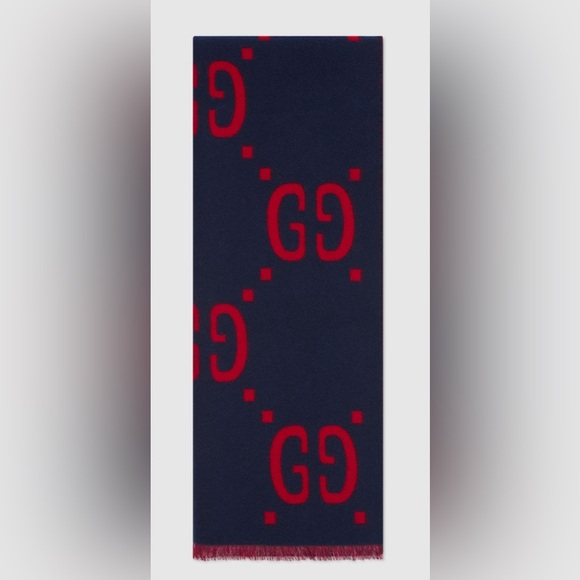 Auth Gucci GG Jacquard Navy Blue Red Wool Silk Scarf Wrap Stole On Sale Now - Picture 1 of 11